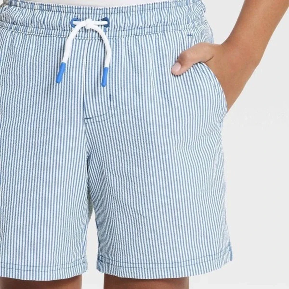 Cat & Jack Boys Blue White Seersucker Stripe Swim Trunks Size L 10/12 Drawstring